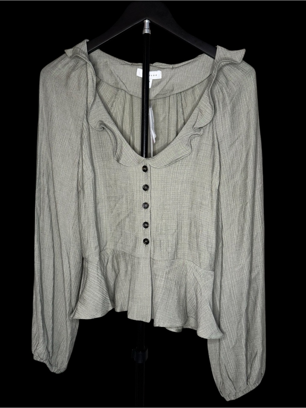 Topshop Plain Frill Neck Peplum Top in Khaki.